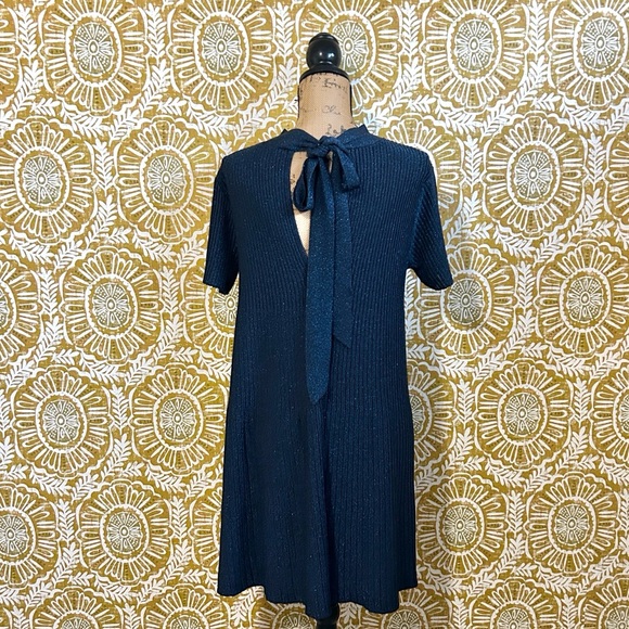 Sezane Eleanor RARE Blue Lurex Knit Bow Tie A-Line Dress Sz M - Picture 10 of 14